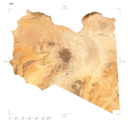 Shape of a low resolution satellite map of the Libya, with distance scale and map border coordinates, isolated on white