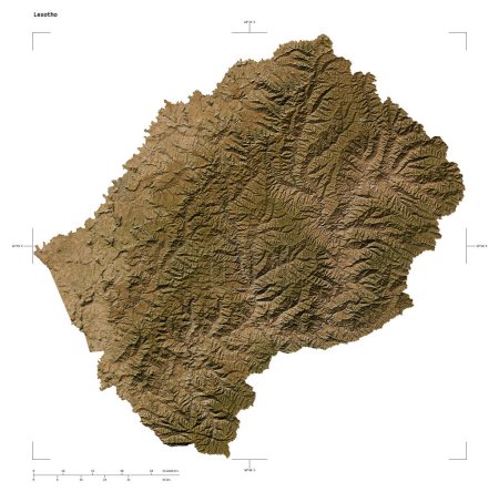Shape of a low resolution satellite map of the Lesotho, with distance scale and map border coordinates, isolated on white