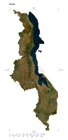 Form einer niedrig aufgelösten Satellitenkarte von Malawi, mit Entfernungsmaßstab und Kartengrenzkoordinaten, isoliert auf weiß