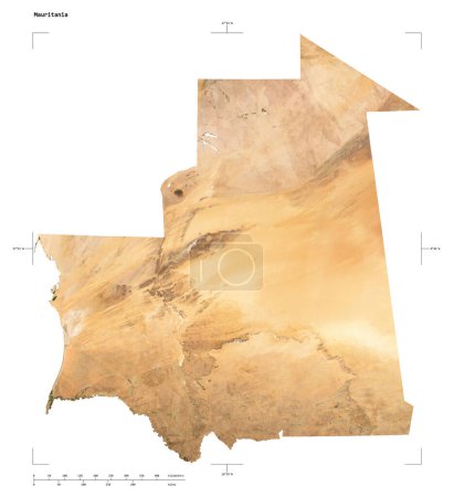 Form einer niedrig aufgelösten Satellitenkarte von Mauretanien, mit Entfernungsmaßstab und Grenzkoordinaten, isoliert auf weiß