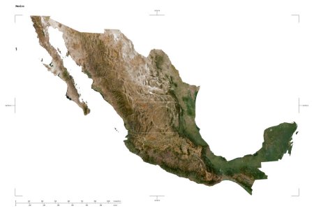 Shape of a low resolution satellite map of the Mexico, with distance scale and map border coordinates, isolated on white