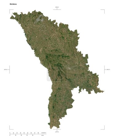Téléchargez les photos : Forme d'une carte satellite à basse résolution de la Moldavie, avec échelle de distance et coordonnées de frontière de carte, isolé sur blanc - en image libre de droit
