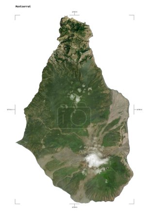 Shape of a low resolution satellite map of the Montserrat, with distance scale and map border coordinates, isolated on white