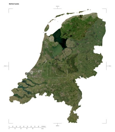 Shape of a low resolution satellite map of the Netherlands, with distance scale and map border coordinates, isolated on white