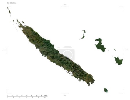 Shape of a low resolution satellite map of the New Caledonia, with distance scale and map border coordinates, isolated on white