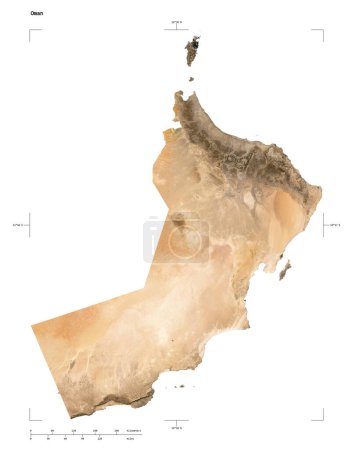 Forma de un mapa satelital de baja resolución del Omán, con coordenadas de frontera de escala y mapa de distancia, aislado en blanco