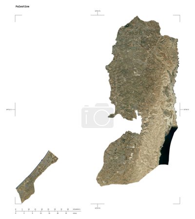 Téléchargez les photos : Forme d'une carte satellite à basse résolution de la Palestine, avec échelle de distance et coordonnées de frontière de carte, isolé sur blanc - en image libre de droit