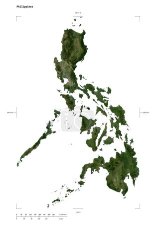 Forme d'une carte satellite à basse résolution des Philippines, avec échelle de distance et coordonnées de frontière de carte, isolé sur blanc