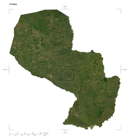 Forma de un mapa satelital de baja resolución del Paraguay, con escala de distancia y coordenadas del borde del mapa, aislado en blanco