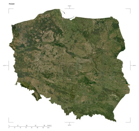 Shape of a low resolution satellite map of the Poland, with distance scale and map border coordinates, isolated on white