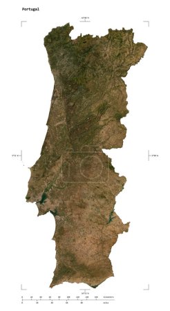 Shape of a low resolution satellite map of the Portugal, with distance scale and map border coordinates, isolated on white