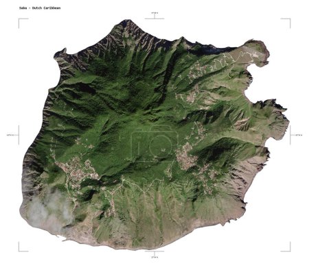 Forma de un mapa satelital de baja resolución del Saba - Caribe Holandés, con coordenadas de frontera de escala y mapa de distancia, aislado en blanco