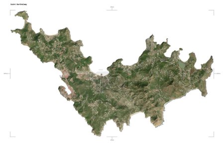 Shape of a low resolution satellite map of the Saint Barthelemy, with distance scale and map border coordinates, isolated on white