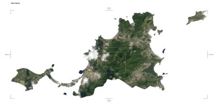 Shape of a low resolution satellite map of the Saint Martin, with distance scale and map border coordinates, isolated on white