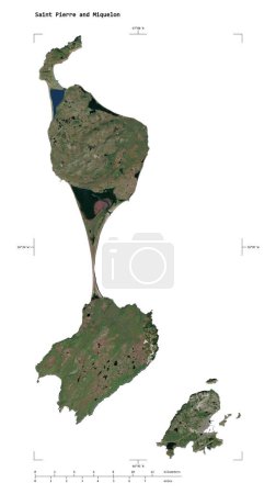 Form einer niedrig aufgelösten Satellitenkarte von Saint Pierre und Miquelon, mit Entfernungsskala und Grenzkoordinaten, isoliert auf weiß