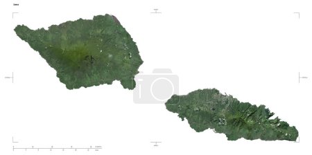 Form einer niedrig aufgelösten Satellitenkarte von Samoa, mit Entfernungsmaßstab und Kartengrenzkoordinaten, isoliert auf weiß