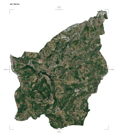 Shape of a low resolution satellite map of the San Marino, with distance scale and map border coordinates, isolated on white