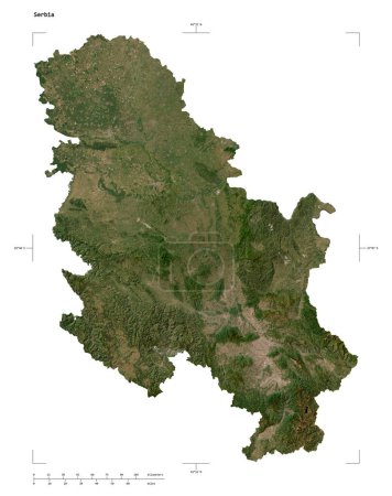 Form einer niedrig aufgelösten Satellitenkarte Serbiens, mit Entfernungsskala und Grenzkoordinaten, isoliert auf weiß