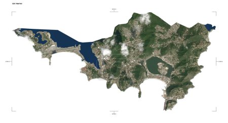 Téléchargez les photos : Forme d'une carte satellite basse résolution de la Sint Maarten, avec échelle de distance et coordonnées de la frontière de la carte, isolé sur blanc - en image libre de droit
