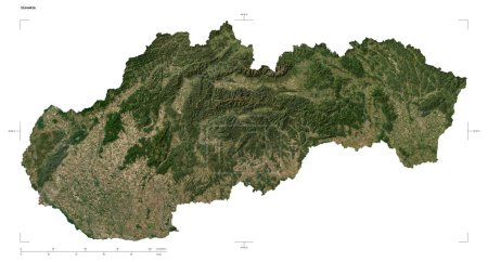 Shape of a low resolution satellite map of the Slovakia, with distance scale and map border coordinates, isolated on white