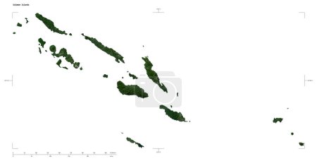 Form einer niedrig aufgelösten Satellitenkarte der Salomonen, mit Entfernungsmaßstab und Kartengrenzkoordinaten, isoliert auf weiß