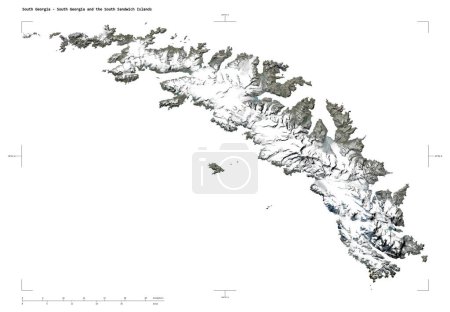 Foto de Forma de un mapa satelital de baja resolución de Georgia del Sur - Georgia del Sur y las Islas Sandwich del Sur, con escala de distancia y coordenadas de frontera mapa, aislado en blanco - Imagen libre de derechos
