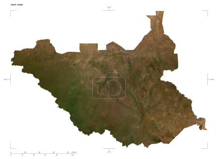 Form einer niedrig aufgelösten Satellitenkarte des Südsudan, mit Entfernungsmaßstab und Grenzkoordinaten, isoliert auf weiß