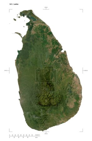 Form einer niedrig aufgelösten Satellitenkarte von Sri Lanka, mit Entfernungsmaßstab und Grenzkoordinaten, isoliert auf weiß