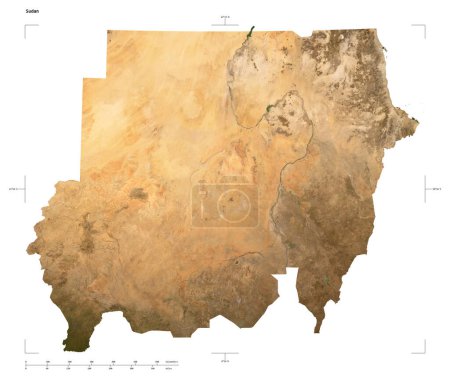 Shape of a low resolution satellite map of the Sudan, with distance scale and map border coordinates, isolated on white