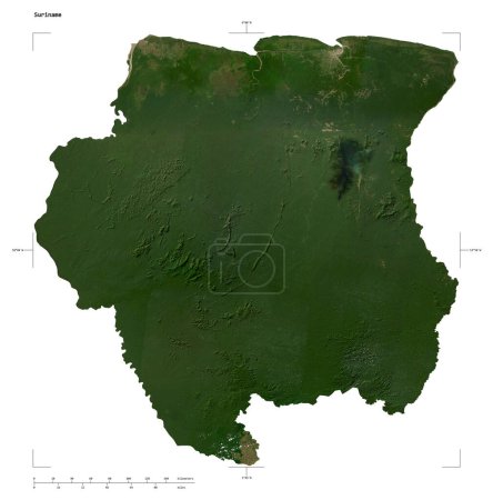 Shape of a low resolution satellite map of the Suriname, with distance scale and map border coordinates, isolated on white