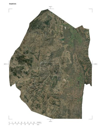 Shape of a low resolution satellite map of the Eswatini, with distance scale and map border coordinates, isolated on white
