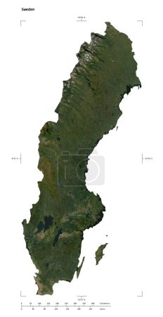 Forma de un mapa satelital de baja resolución de Suecia, con escala de distancia y coordenadas de frontera de mapa, aislado en blanco