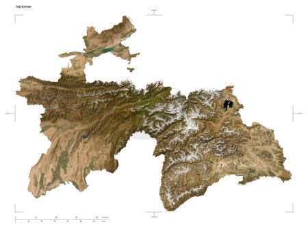 Forma de un mapa satelital de baja resolución del Tayikistán, con coordenadas de frontera de escala y mapa de distancia, aislado en blanco