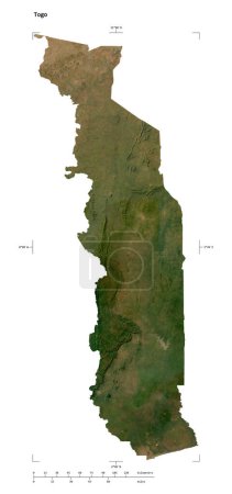 Shape of a low resolution satellite map of the Togo, with distance scale and map border coordinates, isolated on white