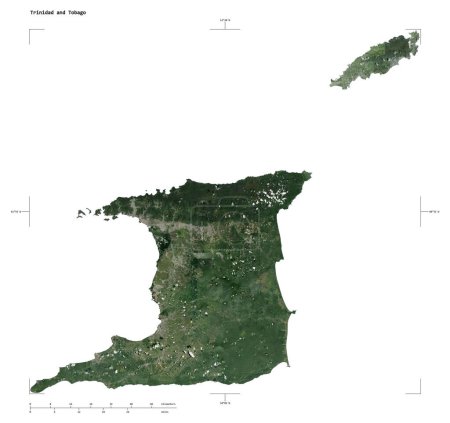 Shape of a low resolution satellite map of the Trinidad and Tobago, with distance scale and map border coordinates, isolated on white