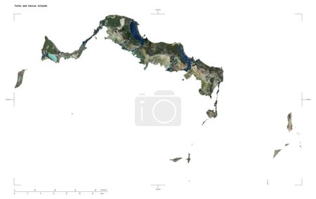 Form einer niedrig aufgelösten Satellitenkarte der Turks- und Caicosinseln, mit Entfernungsskala und Grenzkoordinaten, isoliert auf weiß