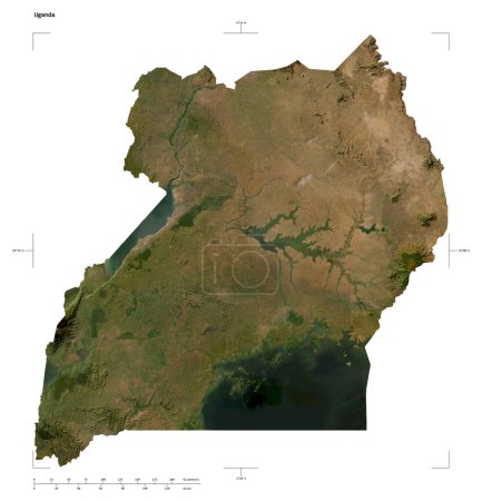 Shape of a low resolution satellite map of the Uganda, with distance scale and map border coordinates, isolated on white