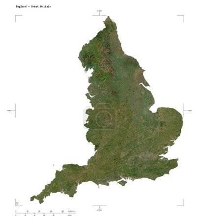 Shape of a low resolution satellite map of the England - Great Britain, with distance scale and map border coordinates, isolated on white
