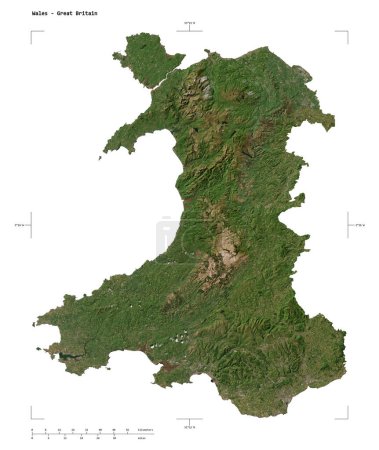 Forma de un mapa satelital de baja resolución del País de Gales - Gran Bretaña, con coordenadas fronterizas de escala y mapa de distancia, aislado en blanco