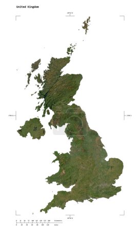 Shape of a low resolution satellite map of the United Kingdom, with distance scale and map border coordinates, isolated on white