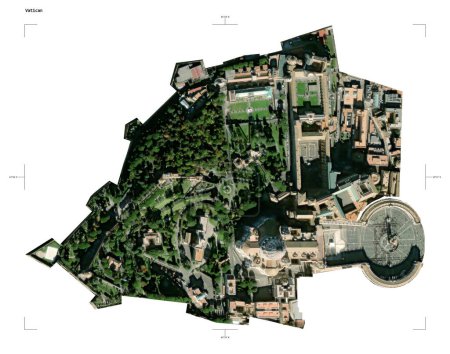 Shape of a low resolution satellite map of the Vatican, with distance scale and map border coordinates, isolated on white