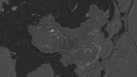 China highlighted on a Bilevel elevation map with lakes and rivers