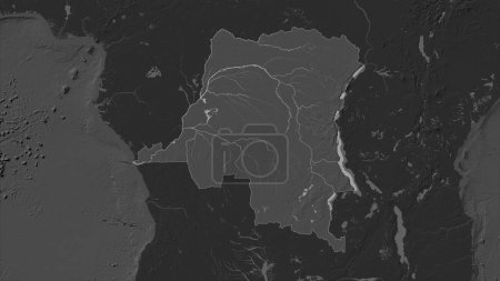 República Democrática del Congo destacada en un mapa de elevación de Bilevel con lagos y ríos