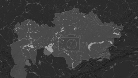 Kazakhstan highlighted on a Bilevel elevation map with lakes and rivers
