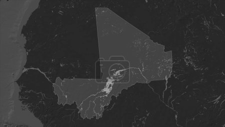 Malí destaca en un mapa de elevación de Bilevel con lagos y ríos