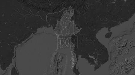 Myanmar highlighted on a Bilevel elevation map with lakes and rivers
