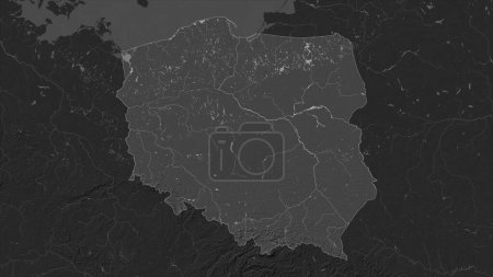 Polonia destaca en un mapa de elevación de Bilevel con lagos y ríos