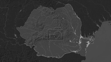Rumänien auf einer Höhenlandkarte mit Seen und Flüssen hervorgehoben