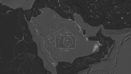 Arabia Saudita destaca en un mapa de elevación de Bilevel con lagos y ríos