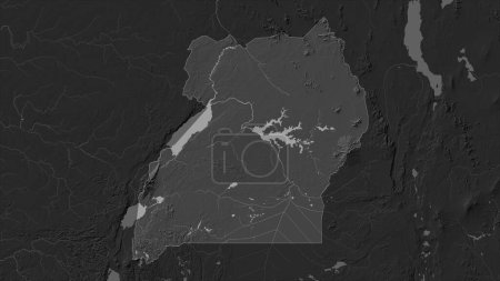 Uganda highlighted on a Bilevel elevation map with lakes and rivers